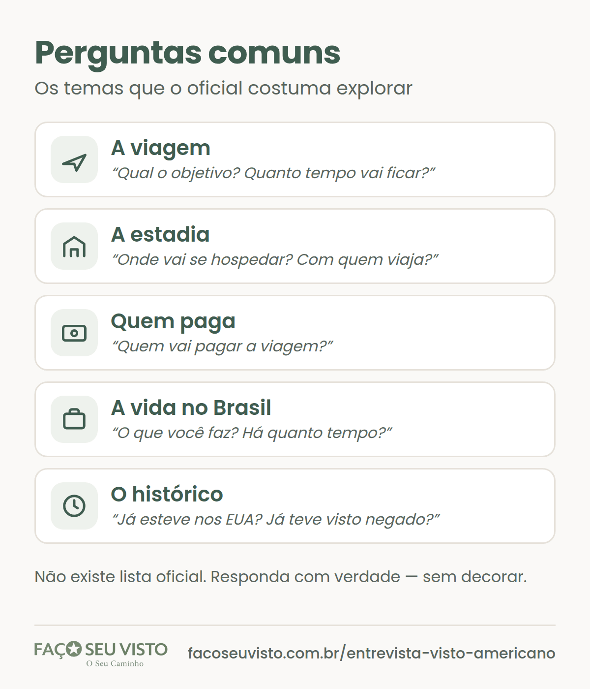 Temas das perguntas mais comuns na entrevista do visto americano: propósito da viagem, estadia, quem paga, vida no Brasil e histórico de viagens.